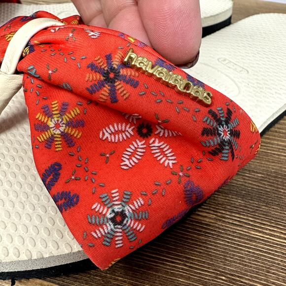 Havaianas Bege Palha Sandals Red Floral Fabric Thongs SZ 7/8 - 39/40 Beach Boho - Picture 4 of 7
